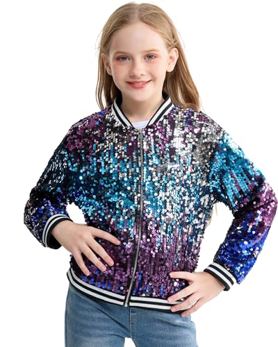 Image of LOLANTA Girls Sequin Jacket, Long Sleeve Kids Bomber Coats with Pockets, Spring Fall Outfits for 4-15 Years