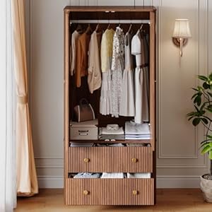 Armoire Wardrobe Closet with 2 Spacious Drawers, 66″ Clothing Storage Organizer with Hanging Rod, Mid-Century Modern, Small Bedroom Friendly, Walnut Finish