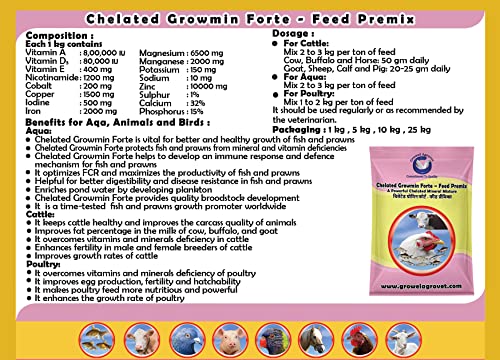 Image of Growel Agrovet Chelated Growmin Forte- Feed Premix: Powerful Chelated Minerals Mixture For Aquacultures, Poultry, Cattle, Horse, Pig, Goats And Sheep - 1 Kg