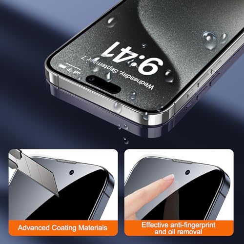 SIBEITU 2-Pack [Auto Alignment Kit] Privacy Screen Protector for iPhone 15 Pro, 6.1 Inch 25° Anti-Spy Auto Dust Removal Installation Glass Film, 9H Hardness Private Anti Scratch Bubble Free Protector