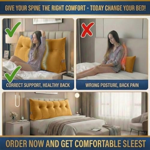 Image of Luxury Velvet Tufted Wedge Pillow with Side Pocket - Soft Headboard Back Support Cushion for Bed, Sofa & Floor Seating - Golden Color