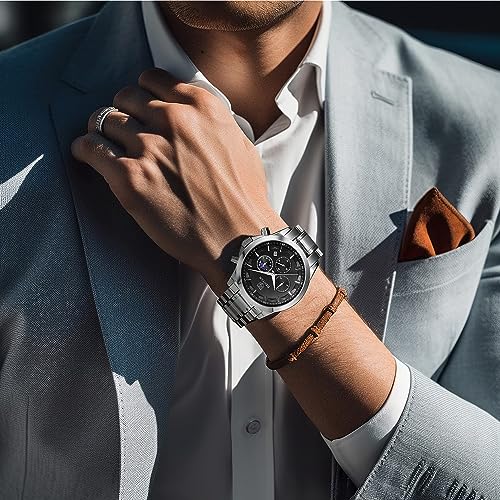 Image of BY BENYAR Men's Watches Waterproof Sport Military Watch for Men Multifunction Chronograph Black Fashion Quartz Wristwatches Calendar with Leather Strap