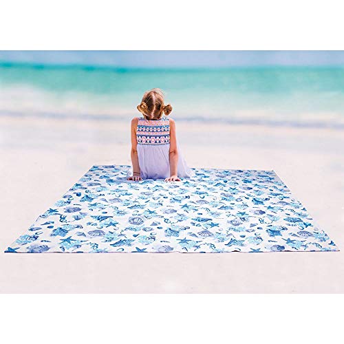 Sand Free Beach Mat Starfish and Seashells Extra Large 79 x 79 inches (200 x 200 cm) Water Repellent