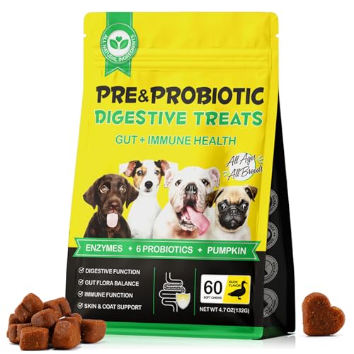 Probióticos para Perros Enzimas Digestivas, Probioticos Perros, Mejora la Salud Intestinal, Piel y Pelaje, Alergias Estacionales, para Todas Las Razas, 60PCs- Pato (60 Chews)
