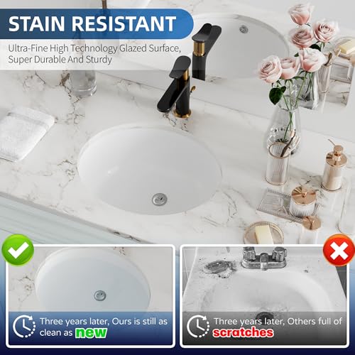 Undermount Bathroom Sink Oval, Hugsleek Interior Bowl Size 16 x 13 inch White Porcelain Ceramic Vessel Sink Under Counter Oval Exterior size 18x15in Bath Sink Bowl Basin Lavatory Vanity Fireclay - Image 5