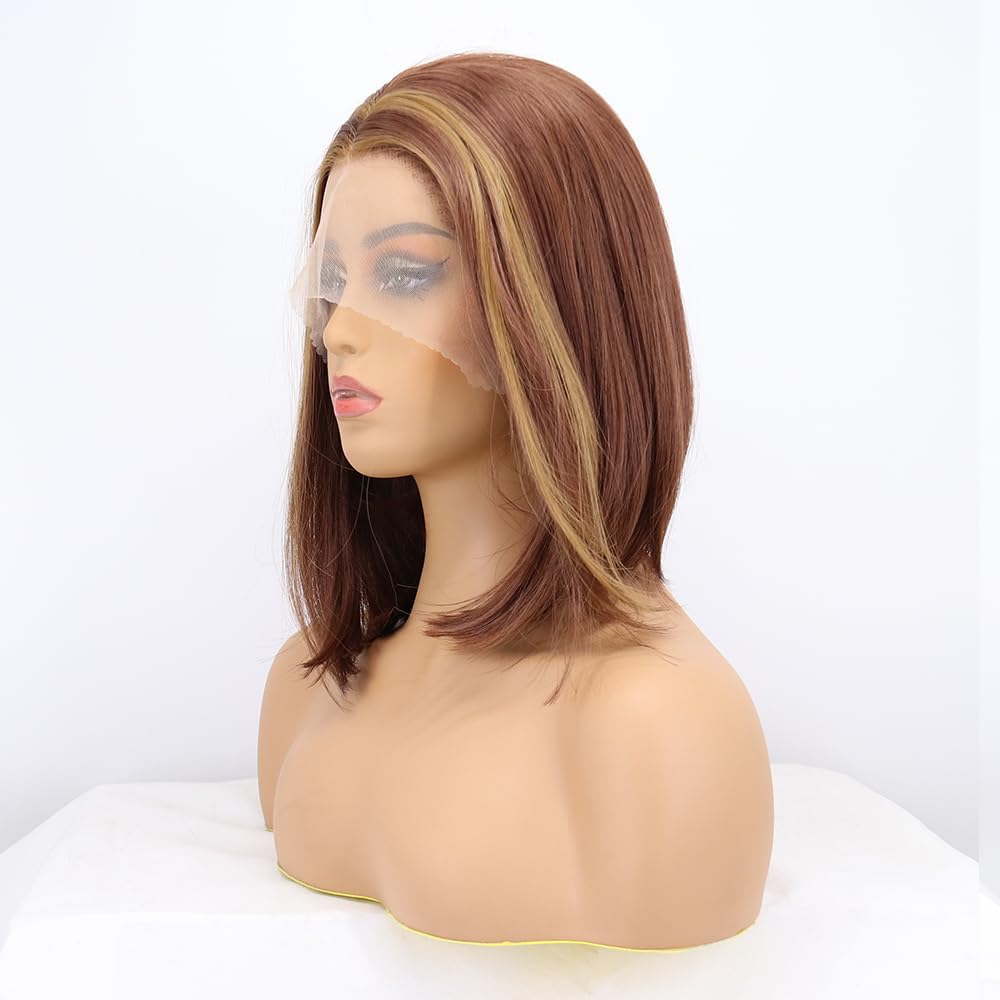 xiweiya Brown Short Wigs Blonde Highlight Brown Hair Synthetic Lace Front Wig Black Brown Color Bob Wig Middle Part Heat Resistant Fiber Hair for Women 14inch - Image 2