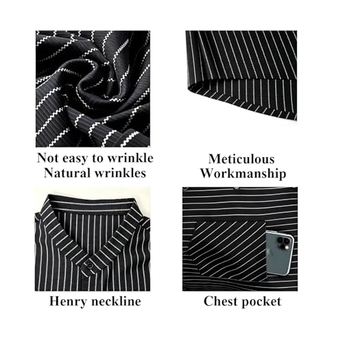 BAYAMO Men's Banded Collar Stripe Shirt,Mandarin Collar Short Sleeve Button Down Shirts Collarless Tops with Pocket for Casual & Business (Black, L) — view 6