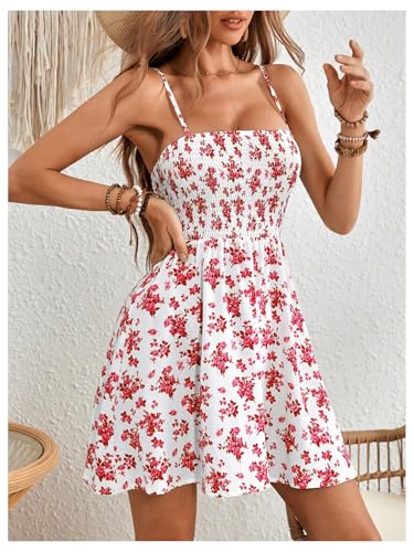 Image of Floerns Women's Boho Floral Print Sleeveless Sundress Ruched Bust Flare Hem Vacation Cami Short Dress
