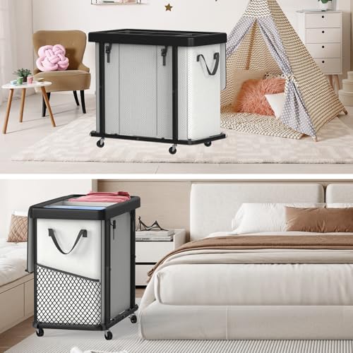 Image of 230L (60 Gal) Large Fashion Laundry Basket with Wheels, Leather Patchwork Laundry Sorter 3 Section, Sturdy Metal Frame, Removable Washable Bag, Tall Clothes Sorter for Bedroom - Beige