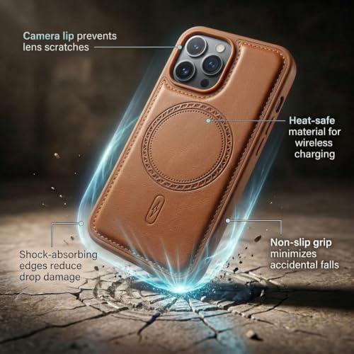 Image of amazon basics Premium PU Leather Case for iPhone 13 Pro, MagSafe Compatible Magnetic Ring, Sleek Protective Back Cover - [Tan]