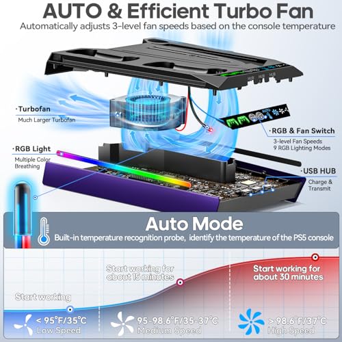 Image of Tokluck PA5 /Slim /Pro Cooling Station with Auto Turbofan & 3-Level Speed, PA 5 Vertical Stand Cooling Fan Station with Controller Charger, Accessories Base Cooler Docking Station, Purple