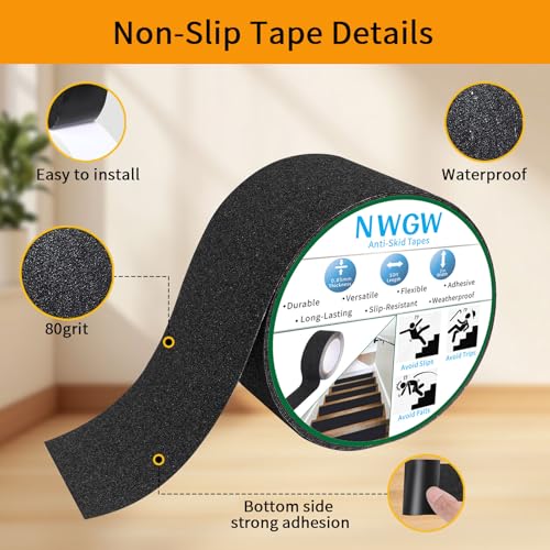 Image of Black Anti-Slip Stair Treads Tape,2 inch x50FT Heavy Duty PVC Non-Skid Grip Tape for Wooden Steps, Indoor /Outdoor Stairs, Pool Decks - Peel & Stick Waterproof Safety Traction