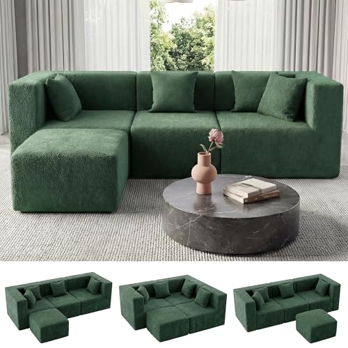 Image of MONVANE 103'' Modular Sectional Sofa, Comfy Teddy Velvet Cloud Couch with Ottoman, Modern Convertible L Shaped Couch with Deep Seat, Sectional Couches for Living Room, Bedroom and Apartment, Green