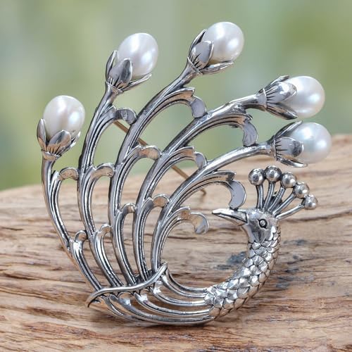 Image of NOVICA Artisan Handmade Cultured Freshwater Pearl Brooch | Sterling Silver Peacock | White Pearls | Indonesia | Animal Themed Birthstone | Bird | 'Resplendent' | 2.4 inch L x 2.2 inch W x 0.4 inch D
