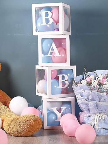 Set di 4 Scatole Decorative Bianche con Lettere per Baby Shower, 25x25x25 cm, Trasparenti per Palloncini