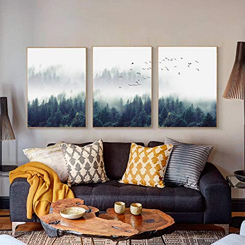 Décoration murale oiseaux et forêt affiche scandinave salon lot de 3 toiles