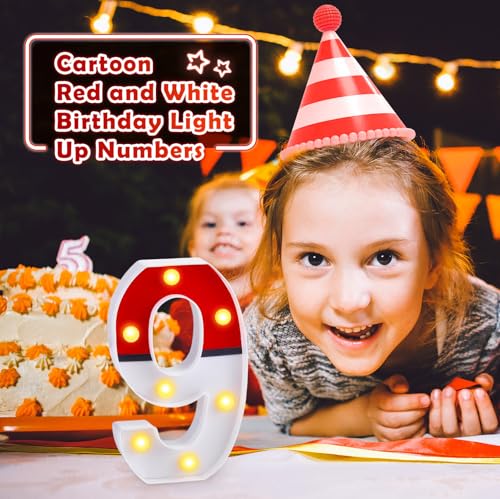 LED Number Lights Cartoon Themed Birthday Decorations LED Light Up Number Centerpieces Table Decorations for Party Supplies Backdrop Wall Decor for Birthday Party Decorations (Cartoon Red and White, Number 9)