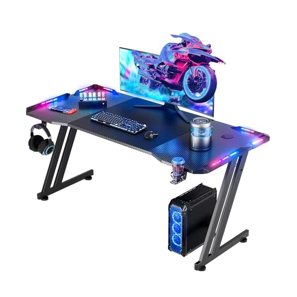 HLDIRECT 47 Inch Gaming Desk with LED Lights Carbon Fibre Surface Gaming Table Large Computer Desk Ergonomic Home Office Desks Z Shaped PC Gamer Workstations with Cup Holder & Headphone Hook