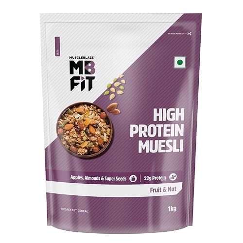 Image of MuscleBlaze Fit High Protein Muesli (1kg, Fruits & Nut) | 22g Protein | With Apple, Almonds & Super Seeds, High Protein Breakfast Cereals