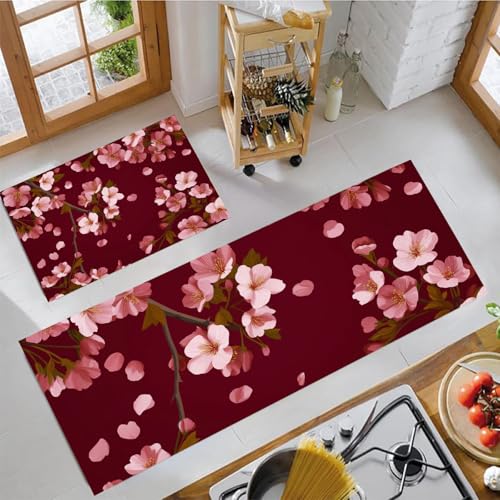 Alfombrillas de cocina lavables 50x80+50x150cm con diseño de flores de cerezo rojo burdeos 2