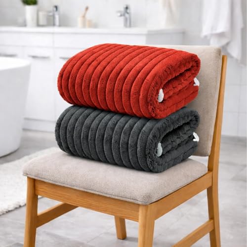 Image of MAXOSHINE Microfiber Towels for Bath-Stripes Bath Towel for Men and Women-Soft Coral Fleece Zero Twist Towel with Hook 400 GSM Quick Dry Super Absorbent-70 x 140 cm (2, Red /Grey)
