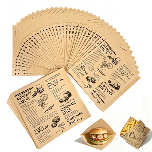 Burger Papier 150 Stück fettdicht antihaftbeschichtet für Burger Sandwiches Brötchen & Backformen ideal für zu Hause Imbiss & Foodtruck (braun 15x15 cm)