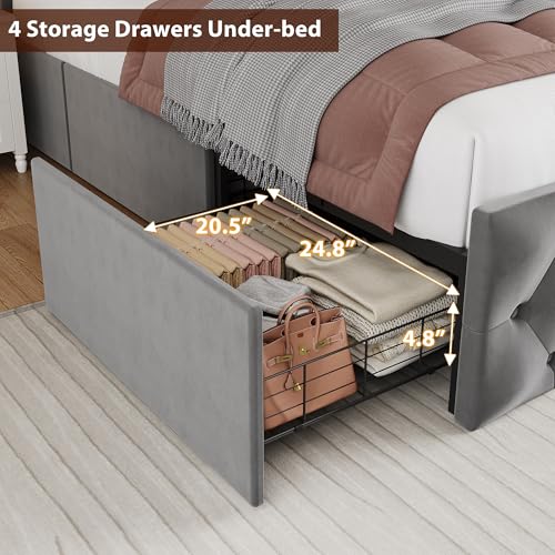 Image of King LED Platform Bed Frame with 4 Drawers, Velvet Upholstered Bed Frame with High Button Wingback Headboard, Metal Frame with No Box Spring Needed, Grey