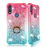 ZASE Moto E (2020) Clear Case Liquid Glitter Sparkle Bling Compatible w/Motorola Moto E 2020 E7 Cute Girls Shockproof Bumper Floating 3D Butterflies Quicksand w/Phone Ring (Gradient Pink Aqua)