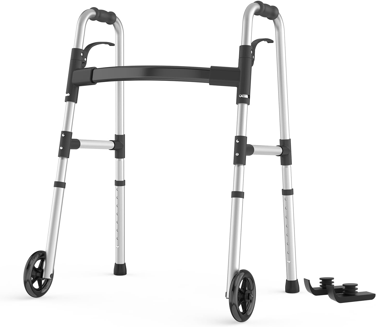 Folding Walker with Ski Glides 5'' Front Wheel Medical Lightweight Walker Height Adjustable Aluminum Compact Standard Walker for Seniors Handicap and Adults (Silver) Silver with Skis