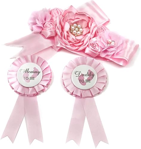 Banda y alfiler rosa para baby shower, banda de maternidad y ramillete de mamá y papá, conjunto de ramillete para niña, cinturón de perlas, flores
