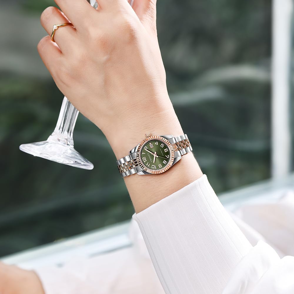 VXFAIZY Women's Classic Easy Read Time Watch Calendar Watch for Women Water Resistant (Silver-Rosegold Green) - Image 2