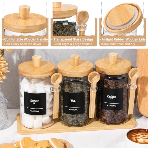Image of Suclain 3 Pcs Glass Coffee Container Set, 25 oz, Natural Bamboo | Coffee Tea Sugar Canister Set, Airtight Jar Food Storage with Wood Spoon Tray Labels, Kitchen Counter Bar Organization