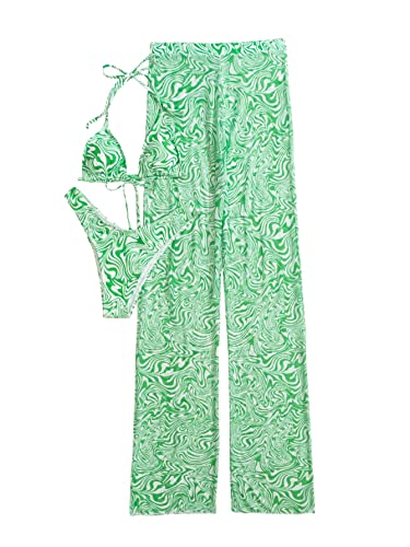 SOLY HUX Women's Printed Halter Bikini Bathing Suits with Cover Up Pants 3 Piece Swimsuits Green M