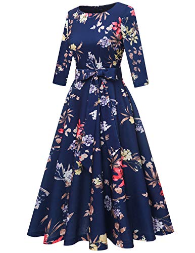 Dresstells Vintage Tea Dress For Women, 50S Floral Cocktail Party Dresses, Modest Bridesmaid Dress For Wedding Guest, 3/4 Sleeves Formal Aline Church Dress, Fit Flare Prom Dress Navy Flower Xs #TOP1