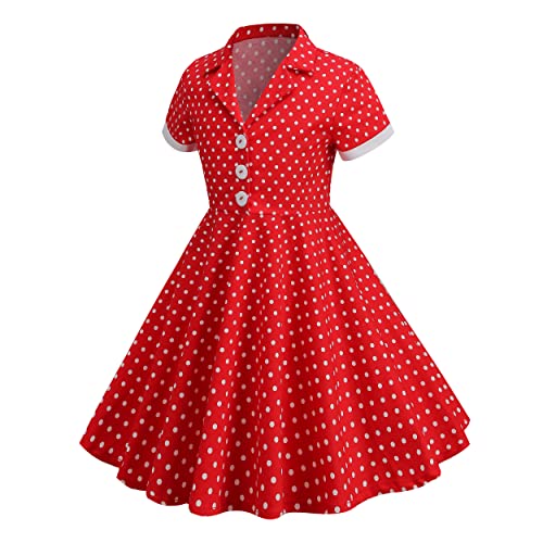 Kids Notch Lapel 50s Dress for Girls Vintage Retro 1950s Polka Dot Dress for Girls 50's Audrey Hepburn Rockabilly Swing Dress2