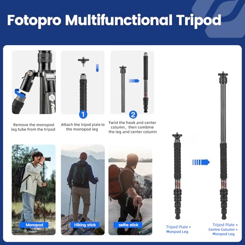 Image of Fotopro 59 inch Carbon Fiber Travel Tripod, 2 in 1 Lightweight Monopod Tripods, Professional Compact Tripod for DSLR Camera, Load up to 17.6lbs(8kg)