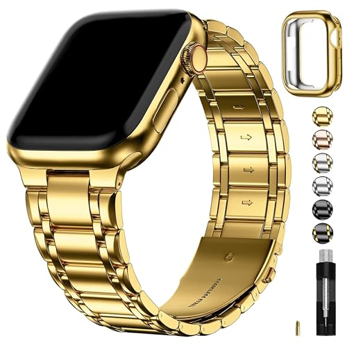 Image of Fullmosa Metal Bands With Case [Watch NOT Included] Compatible Apple Watch Strap 41mm 40mm 38mm, Steel Apple Watch Band for iWatch SE3 SE2 SE Series 9 8 7 6 5 4 3 2 1,41mm 40mm 38mm,Golden