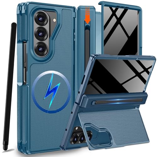 NINKI for Samsung Galaxy Z Fold 7 Case with S Pen Holder & Stylus & Invisible Kickstand, Fit for Mag-Safe Privacy Screen Protector Hinge Phone Cover for Samsung Z Fold 7 Case with S Pen Slot – Blue