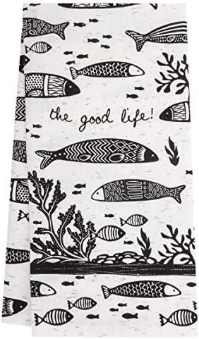 Karma Gifts Black and White Boho Tea Towels, 28" L x 20" W, Fish