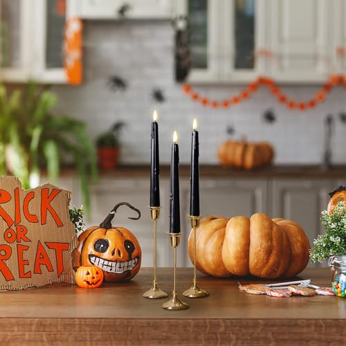 Image of Stmarry Black Flameless Taper Candles with Remote and Timer - 9.65 Inch Real Wax LED Candlesticks - Wax Drip Battery Operated Halloween Taper Candles with 3D Flickering Flame Halloween Decor, 3 Pack