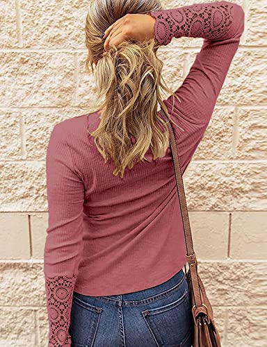 Image of Kancystore Women's Fall Long Sleeve Tops Lace V Neck Button Down Henley Shirts Tunic Blouses
