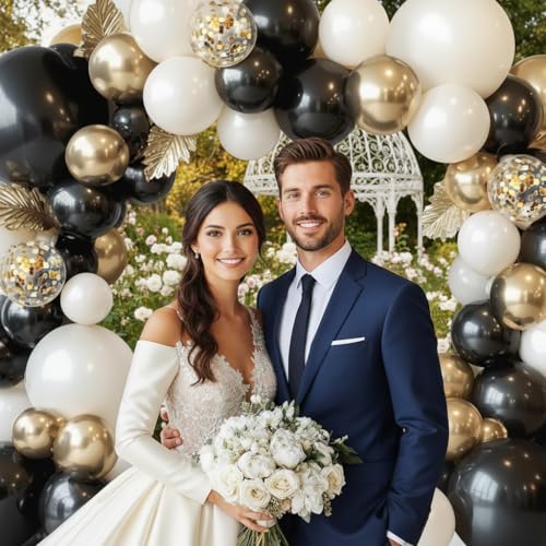 Image of Black and Gold Balloon Arch Garland Kit 150pcs 2026 New Year's, Double Stuffed Pearl Sand White Black Chrome Gold Balloons Arch Kit for Graduation Father's Day Birthday Party Decoration
