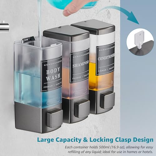 Image of Shower Shampoo Dispenser 3 Chamber No Drill, Grey | Wall Mounted, Large Capacity 3x16.9oz, ABS Plastic Material, Refillable With Labels, For Bathroom Hotel