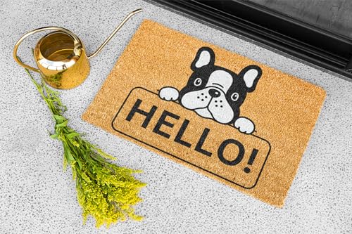 KOKO DOORMATS Kokos Fußmatte außen mit Anti-Rutsch PVC | Lustige Türmatte Hello - Bulldog | Umweltfreundlich, Robust & Pflegeleicht | 60x40 cm für Außenbereich & Haustür