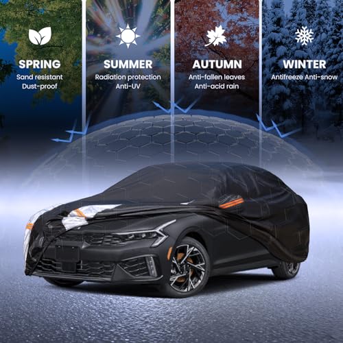 Image of Multi-Layer Car Cover Custom Fit for Kia K5(2020-2026), 100% Waterproof All Weather for Automobiles, Gift with Towel, Heavy Duty Car Covers for Rain Sun UV Protection with Door Zipper