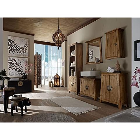 Woodkings® Badset Rangun 5-teilig, mit Waschbeckenunterschrank, Spiegel, Hängeschrank, Unterschrank, Hochschrank Echtholz Pinie Waschtischunterschrank Badmöbel Badezimmer Badschrank rustikal Cover