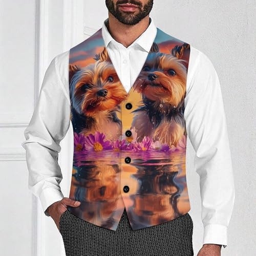 Cute Yorkshire Terrier Dogs Suit Vest for Men Slim Fit Sleeveless Jacket V Neck Business Waistcoat Button Up Dressy Top4