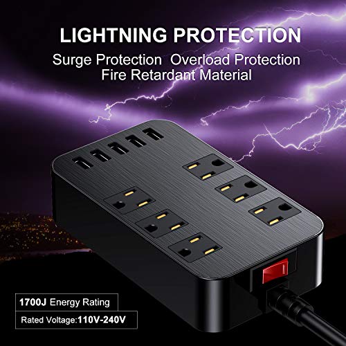 Power Strip - 6-Outlet Surge Protector with 5 USB Ports Fast Charging (4.8A), 6Ft Long Extension Cord Flat Plug Wall Mountable, 1700 Joules for iPhone iPad Home Dorm Office Laptop Computer