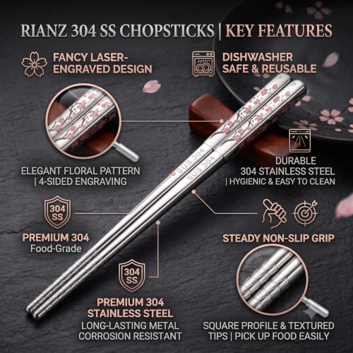 Image of RIANZ 304 Stainless Steel Korean Chopsticks 23.5 cm, Laser Engraved, 1 Pair (Style 1)