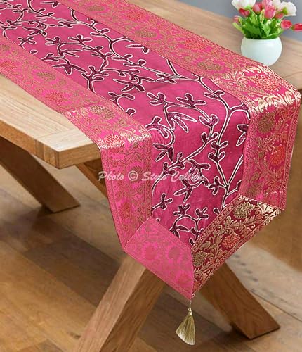 Image of Ari Zari Embroidered Table Runner Indian Decorative 6 Feet Magenta & Purple Banarsi Brocade Satin Ethnic Long Runner Up with Tassels Living Room Tablecloth